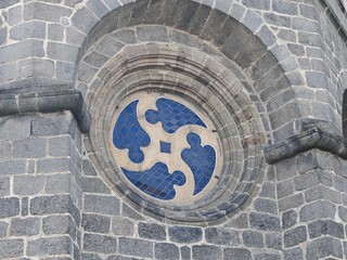 Decorative stone-framed GOTHIC WINDOW with intarsia detail from medieval cathedral in TREBIC...