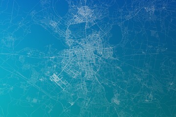 Map of the streets of Yekaterinburg (Russia) made with white lines on greenish blue gradient background. 3d render, illustration