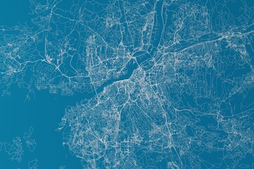 Map of the streets of Gothenburg (Sweden) made with white lines on blue background. 3d render, illustration