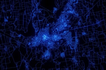 Street map of Kryvyi Rih (Ukraine) made with blue illumination and glow effect. Top view on roads network