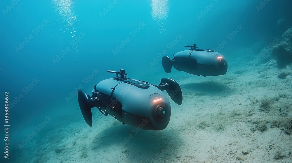 Poster autonomous underwater drones performing precision engineering tasks.