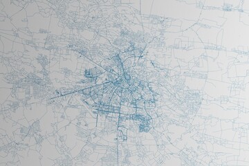 Map of the streets of Lviv (Ukraine) made with blue lines on white paper. 3d render, illustration