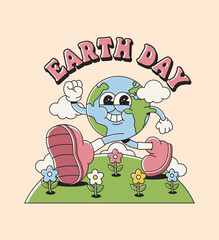 Retro groovy planet Earth character. Funky walking globe sneakers. Earth day, World Environment Day. Vector illustration