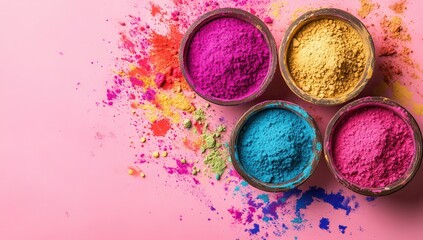 Vibrant Colorful Powders in Bowls on Pink Surface with Colorful Powder Spread for Creative Background and Artistic Inspiration
