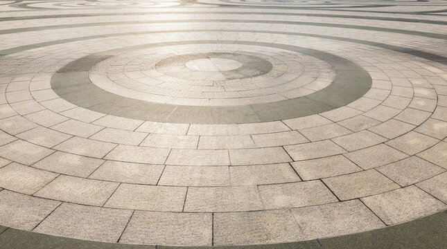 Intricate circular paving pattern crafted from stone tiles, creating a visually appealing background for various purposes.