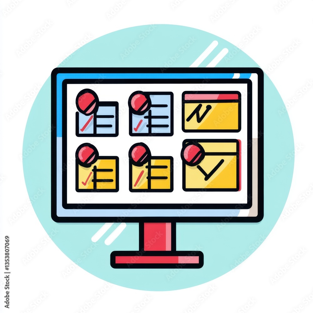 Poster Teamwork and collaboration Flat Art Style Icon. Colorful Computer Screen Showing Project Management Dashboard