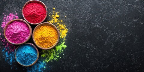 Vibrant Colorful Powders in Bowls with Black Background for Creative Projects and Art Design Inspiration