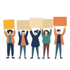 Fototapeta premium Teamwork and collaboration Flat Art Style Icon. Diverse Group of People Holding Blank Signs in a Colorful Illustration