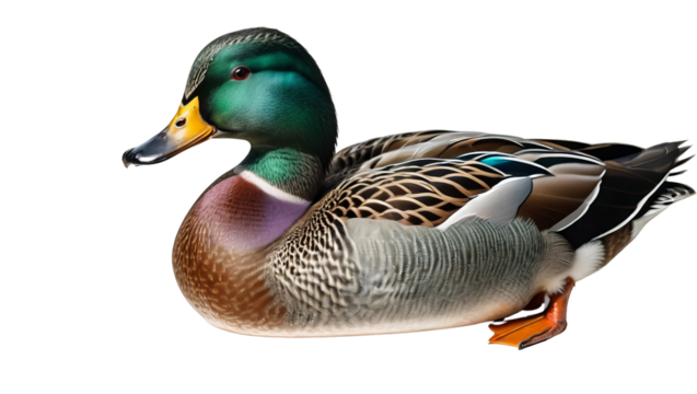Male mallard duck with vibrant feathers in clear background view