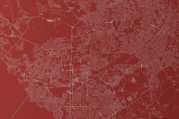 Map of the streets of Manaus (Brazil) made with white lines on red background. Top view. 3d render, illustration