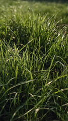 Vibrant Green Grass Field: Close-Up Nature Photography with Morning Dew in Rural Landscape