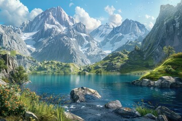 High Definition Picture of Landscape with Lake and Mountains