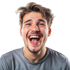 A Man Laughing Joyfully with Open Mouth and Grey Shirt Isolated on Transparent Background