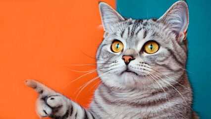 Portrait of beautiful happy cat pointing finger to the side on isolated orange background.