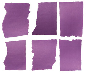 Isolated collection of torn purple piece of matte paper on white background