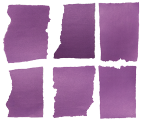 Isolated collection of torn purple piece of matte paper on white background