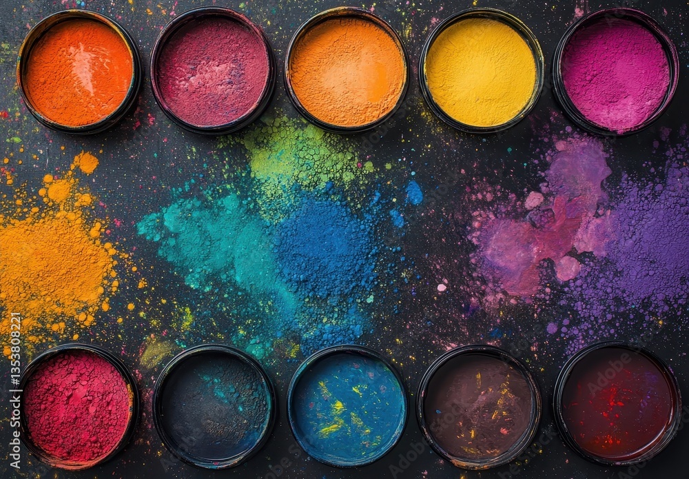 Poster vibrant colorful powders in containers on dark background for creative and artistic applications and