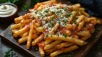 Gourmet Truffle Fries Topped with Cheese and Herbs on Wooden Board