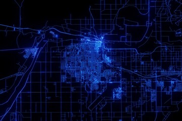 Street map of Yuma (Arizona, USA) made with blue illumination and glow effect. Top view on roads network
