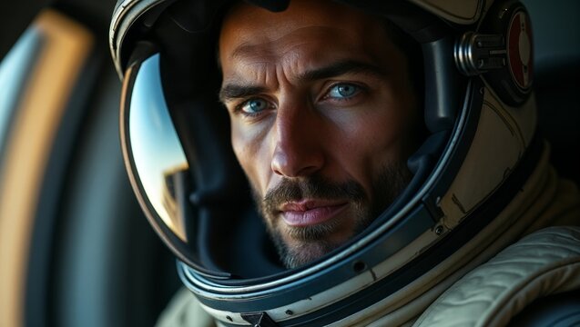 Male astronaut with intense gaze wearing a spacesuit and helmet in a spacecraft
 - Powered by Adobe