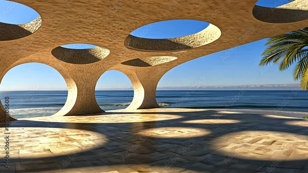 Poster contemporary abstract architecture by the ocean with artistic shapes generative ai