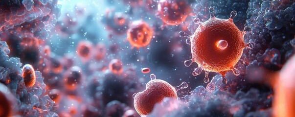 Obraz premium Microbial Life Under Microscope with Colorful Cells and Bacteria in Vibrant Abstract Scientific Environment