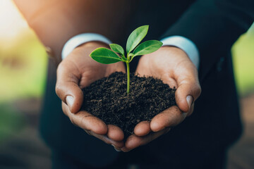 A person holding a small plant in his hands, a symbol of new life, growth, and the environment