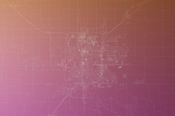 Map of the streets of Bloomington (Illinois, USA) made with white lines on pinkish red gradient background. Top view. 3d render, illustration