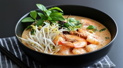Delicious Bowl of Shrimp Noodle Soup Garnished with Fresh Vegetables