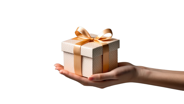 Hand Holding Elegant Gift Box with Ribbon on a Dark Background