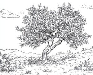 Solitary tree, gnarled trunk, lush foliage, hilltop setting, simple line drawing, serene landscape