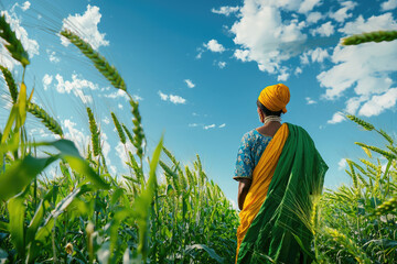 Fototapeta premium A woman standing in a green wheat field, looking towards the bright, blue sky 