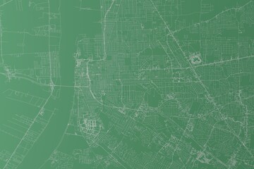 Stylized map of the streets of Baton Rouge (Louisiana, USA) made with white lines on green background. Top view. 3d render, illustration