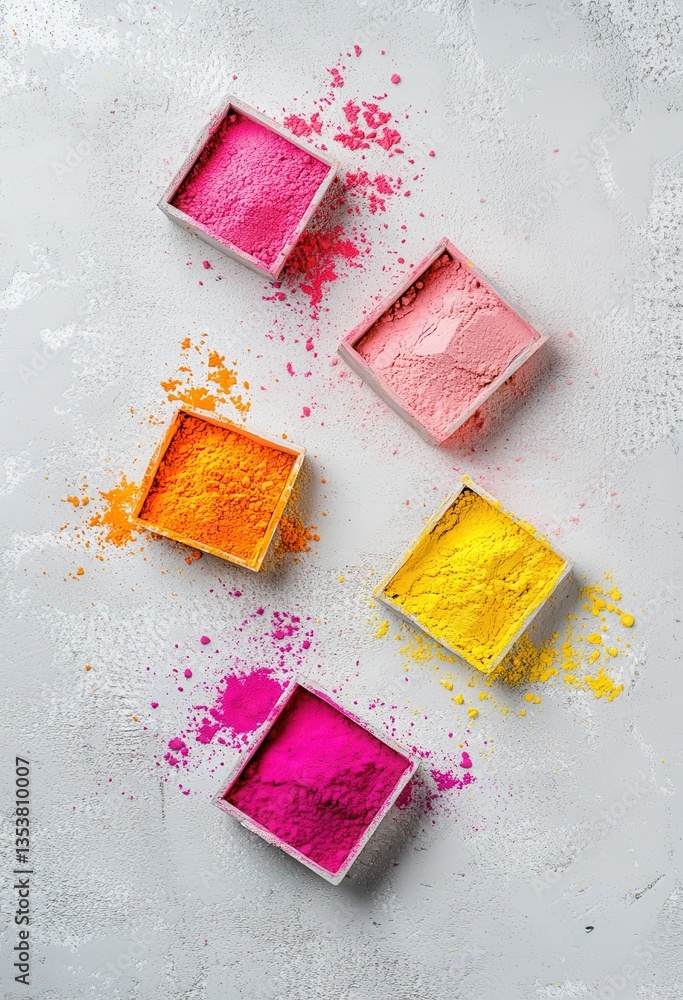 Poster vibrant colorful powders in square containers on grey background for artistic use in creativity, dec