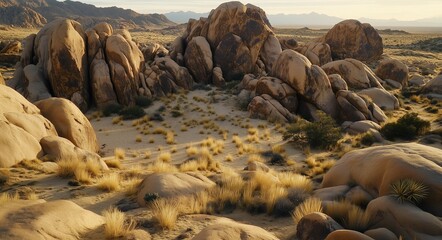 A picturesque desert vista featuring a cluster of massive, jagged rocks in rich earth tones.
