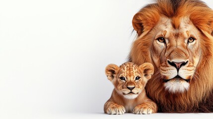 Fototapeta premium Close up of an adult male lion and a young lion cub against a white background. The lion's mane is a rich, tawny color. The cub is smaller and looks directly at the camera.