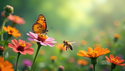 Butterfly and Bee in Floral Field, flower field, bee