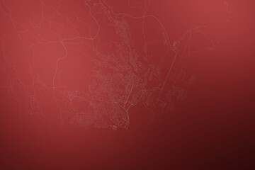 Map of the streets of Praia (Cape Verde) made with white lines on abstract red background lit by two lights. Top view. 3d render, illustration