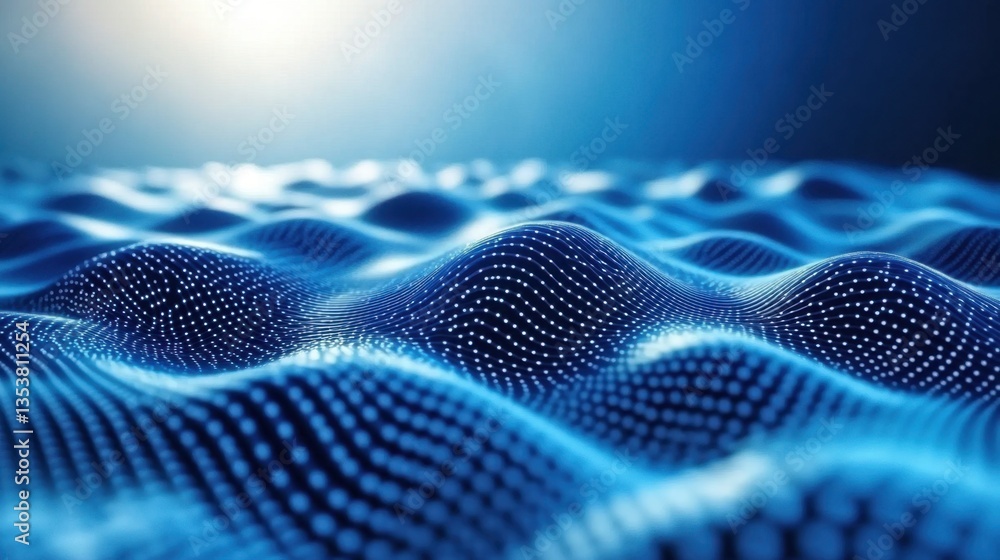 Poster abstract digital landscape with undulating waves of interconnected glowing blue dots. the image evok