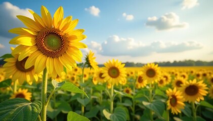 Golden sunflowers droop, leaves browned, autumn sky , november, photography