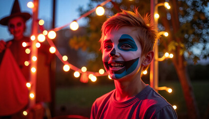 Obraz premium Joyful boy with monster face paint at Halloween party, festive spirit
