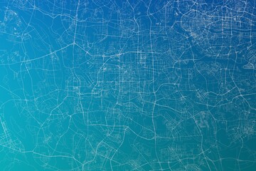 Map of the streets of Foshan (China) made with white lines on greenish blue gradient background. 3d render, illustration