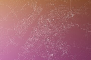 Map of the streets of Nanjing (China) made with white lines on pinkish red gradient background. Top view. 3d render, illustration