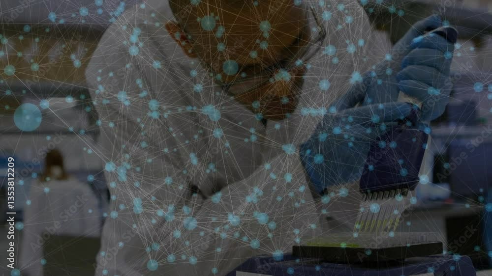 Poster scientist working in laboratory with network of connections animation overlay