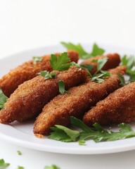 Fototapeta premium Crispy fried vegetable sticks garnished with fresh parsley on a white plate