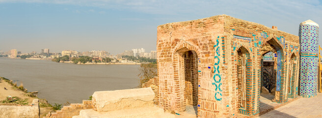 Panoramic view at the Satiyen Jo Asthan (Graves of Seven Sisters) at Indus river bank in Sukkur -...