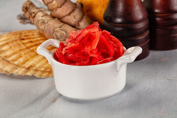 Pickled red ginger in the bowl