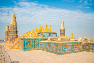 View at the Satiyen Jo Asthan (Graves of Seven Sisters) at Indus river bank in Sukkur, Pakistan