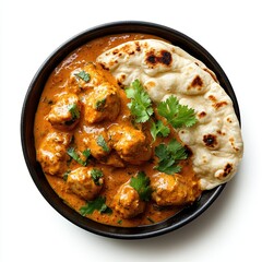 Creamy chicken tikka masala with naan bread.