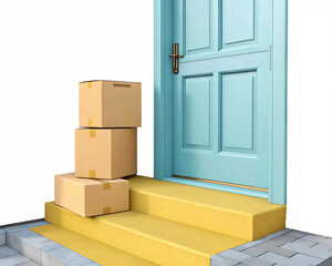 A stack of cardboard boxes sits on the steps in front of a light blue door with gold hardware